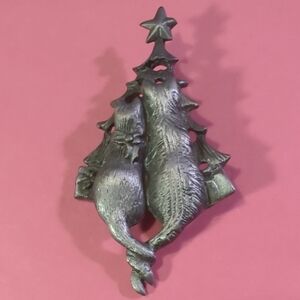 Silver Cat and Christmas Tree Brooch